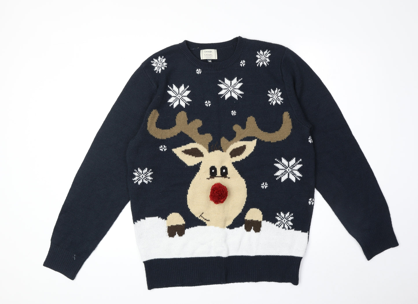 George Mens Blue Round Neck Fair Isle Acrylic Pullover Jumper Size M Long Sleeve - Christmas Rudolph