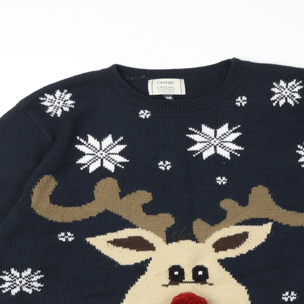 George Mens Blue Round Neck Fair Isle Acrylic Pullover Jumper Size M Long Sleeve - Christmas Rudolph