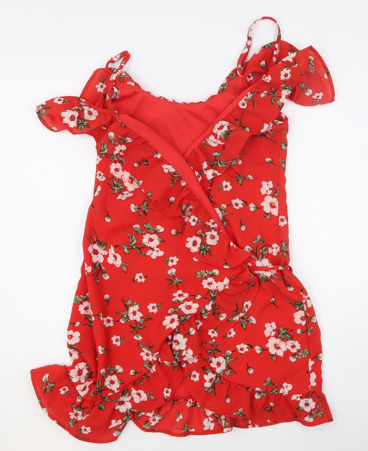 Preworn Womens Red Floral Polyester Blend Fit & Flare Size M V-Neck Drawstring