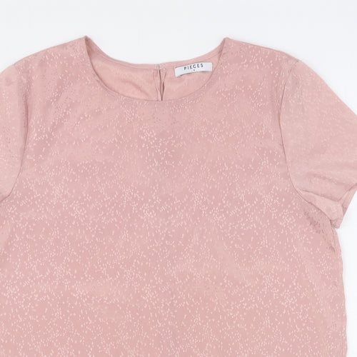 Pieces Womens Pink Geometric Polyester Basic Blouse Size M Round Neck