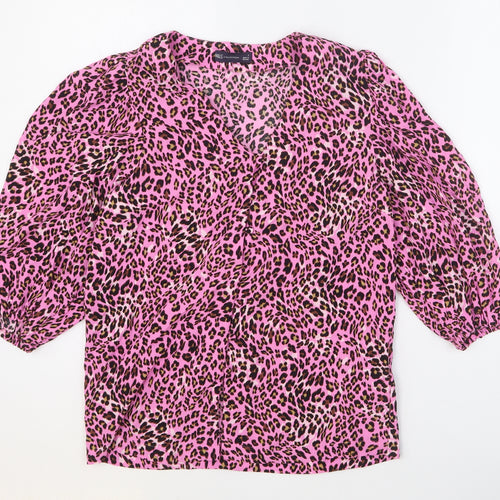 Marks and Spencer Womens Pink Animal Print Viscose Basic Button-Up Size 8 V-Neck - Leopard Print