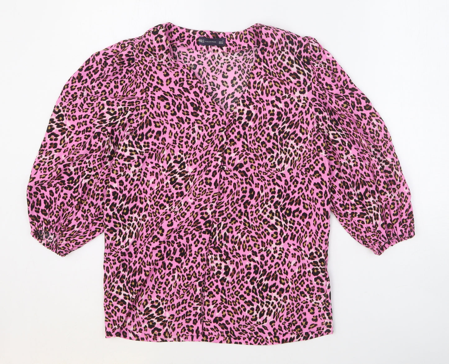 Marks and Spencer Womens Pink Animal Print Viscose Basic Button-Up Size 8 V-Neck - Leopard Print