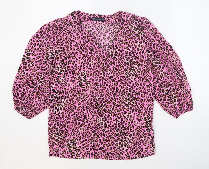 Marks and Spencer Womens Pink Animal Print Viscose Basic Button-Up Size 8 V-Neck - Leopard Print