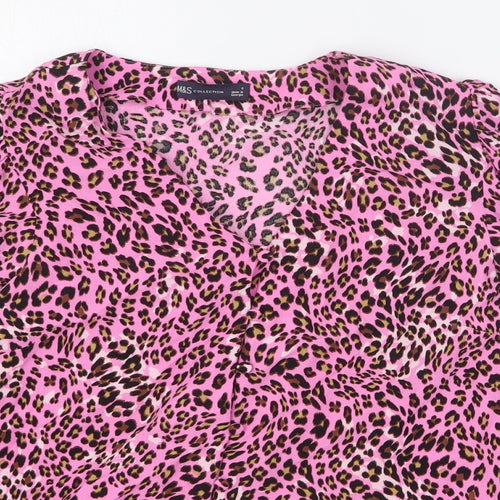 Marks and Spencer Womens Pink Animal Print Viscose Basic Button-Up Size 8 V-Neck - Leopard Print