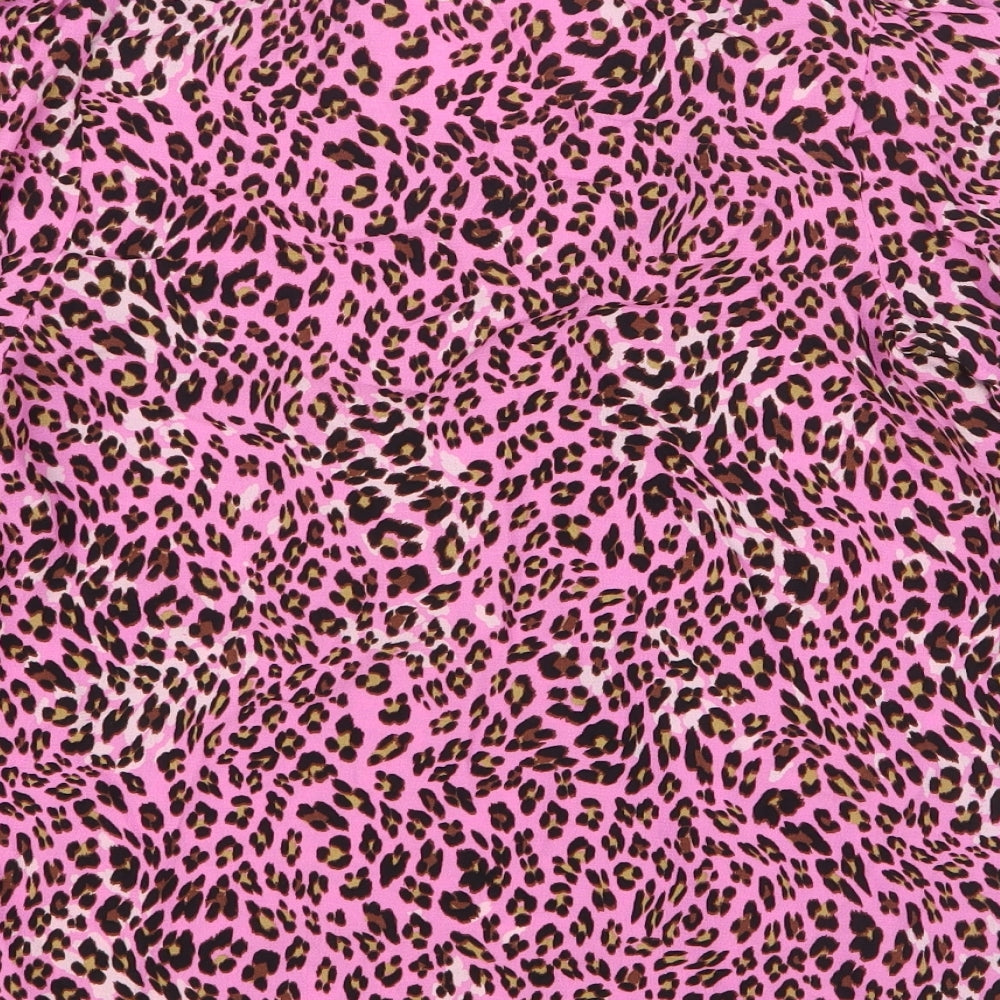 Marks and Spencer Womens Pink Animal Print Viscose Basic Button-Up Size 8 V-Neck - Leopard Print