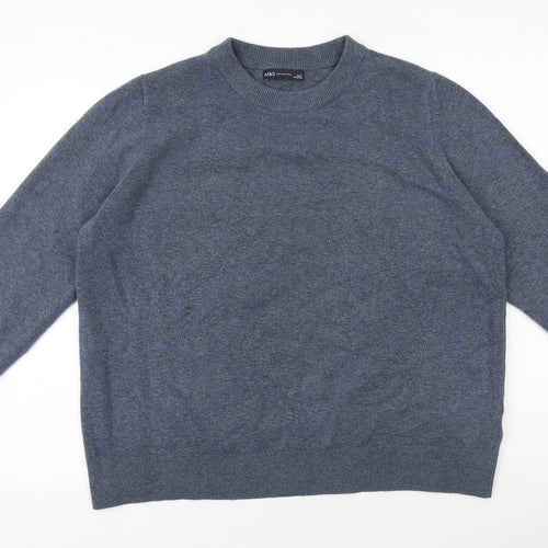 Marks and Spencer Mens Blue Round Neck Wool Pullover Jumper Size L Long Sleeve