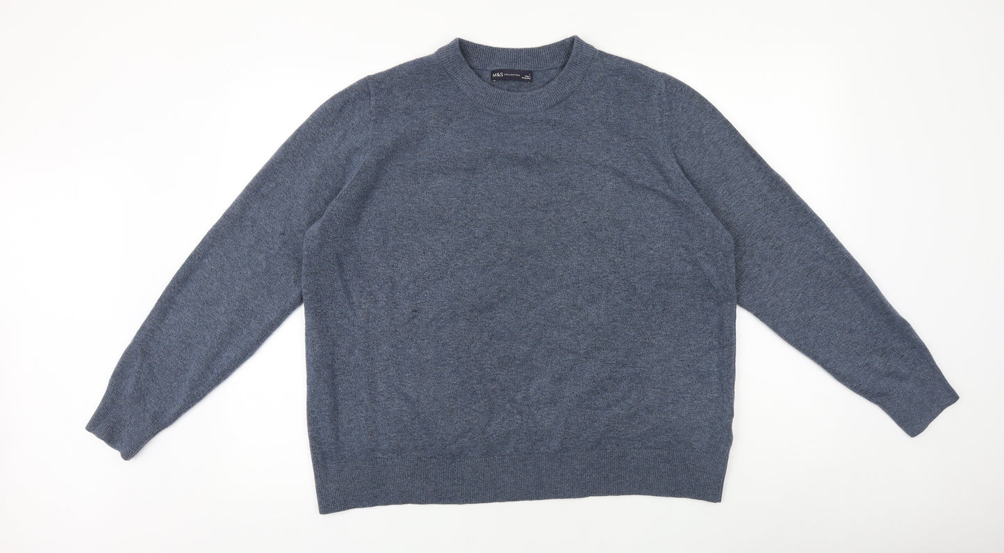 Marks and Spencer Mens Blue Round Neck Wool Pullover Jumper Size L Long Sleeve