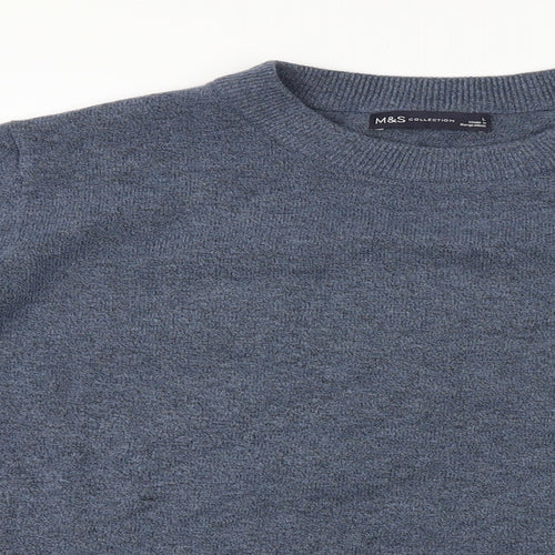 Marks and Spencer Mens Blue Round Neck Wool Pullover Jumper Size L Long Sleeve