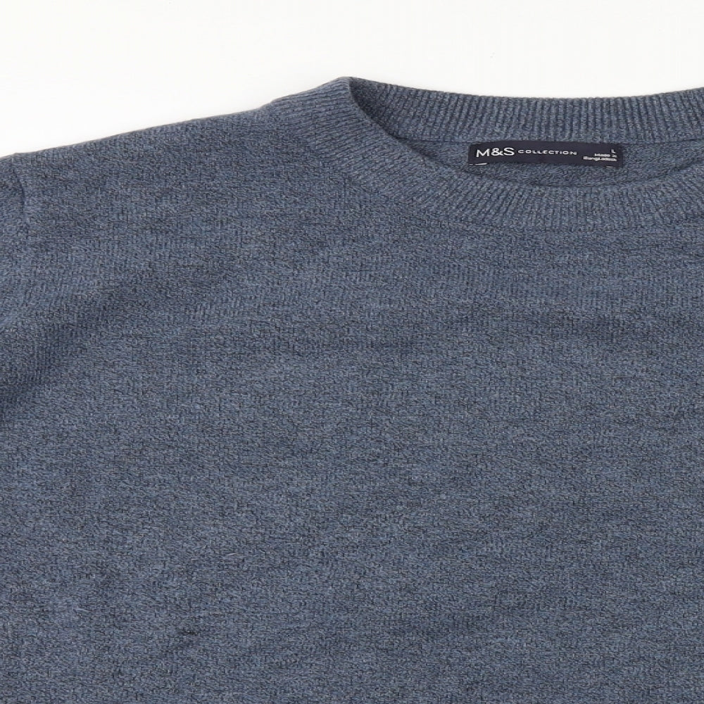 Marks and Spencer Mens Blue Round Neck Wool Pullover Jumper Size L Long Sleeve