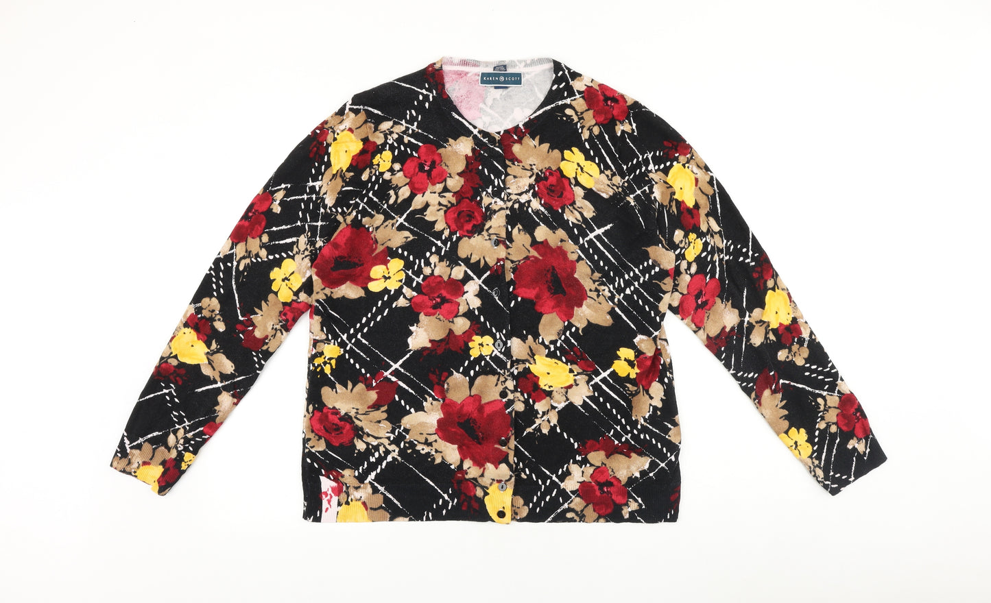 Karen Scott Womens Black Round Neck Floral 100% Cotton Cardigan Jumper Size L