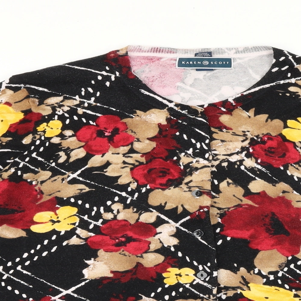 Karen Scott Womens Black Round Neck Floral 100% Cotton Cardigan Jumper Size L