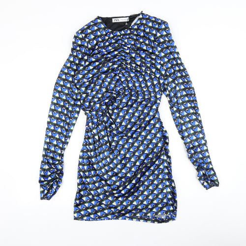 Zara Womens Blue Geometric Polyester Bodycon Size S Round Neck Zip