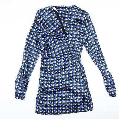 Zara Womens Blue Geometric Polyester Bodycon Size S Round Neck Zip