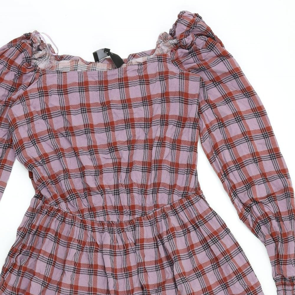 NEXT Womens Pink Plaid 100% Cotton Fit & Flare Size 10 Boat Neck Pullover