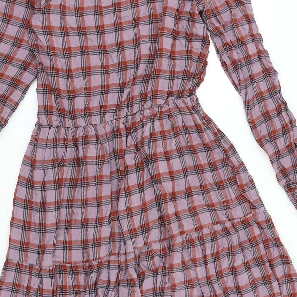 NEXT Womens Pink Plaid 100% Cotton Fit & Flare Size 10 Boat Neck Pullover