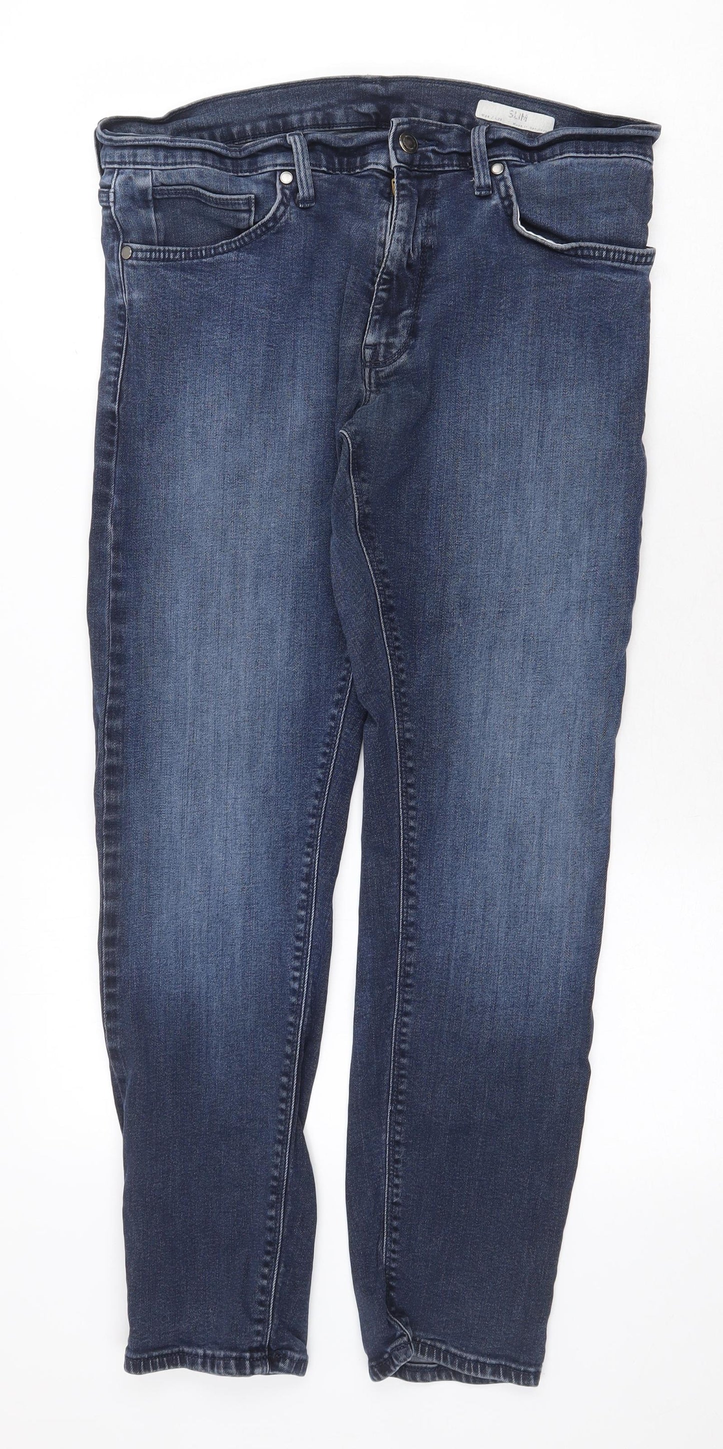 Marks and Spencer Mens Blue Cotton Straight Jeans Size 34 in Regular Zip