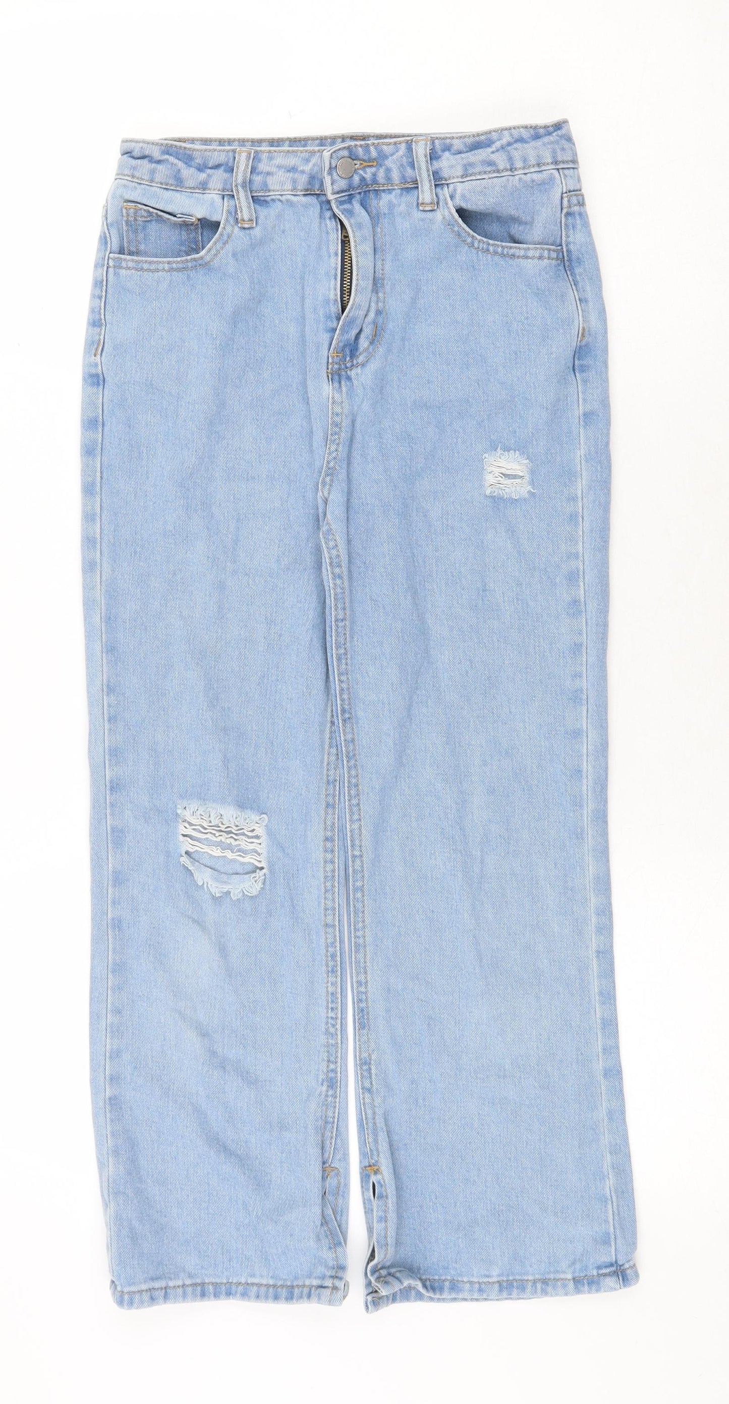 SheIn Girls Blue Cotton Straight Jeans Size 10-11 Years Regular Zip - Distressed