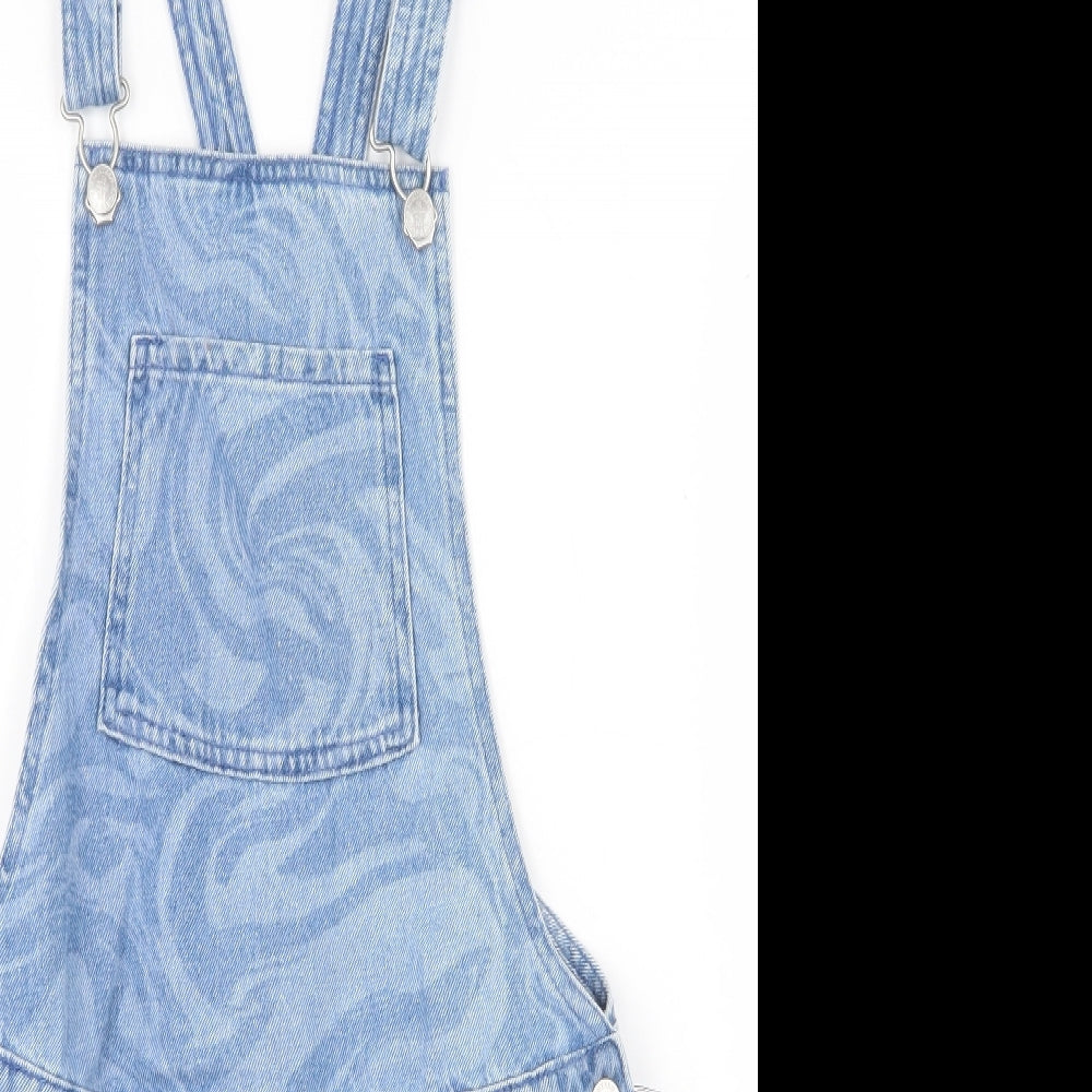 Marks and Spencer Girls Blue Geometric Cotton Dungaree One-Piece Size 13-14 Years Buckle
