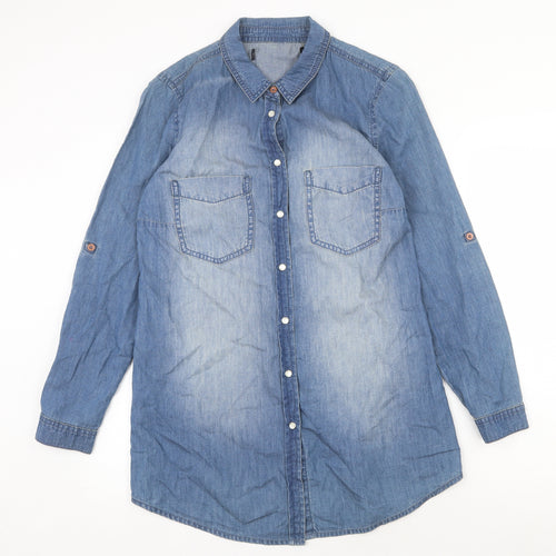 Capsule Womens Blue Cotton Basic Button-Up Size 2XS V-Neck
