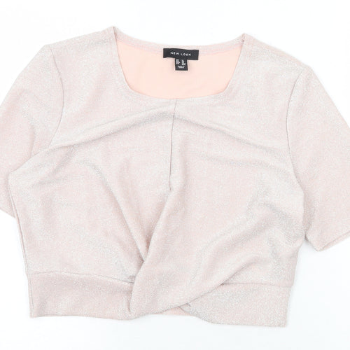 New London Womens Pink Nylon Basic Blouse Size 14 Square Neck - Twist Detail