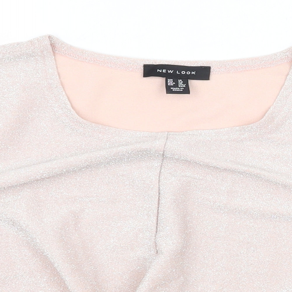 New London Womens Pink Nylon Basic Blouse Size 14 Square Neck - Twist Detail