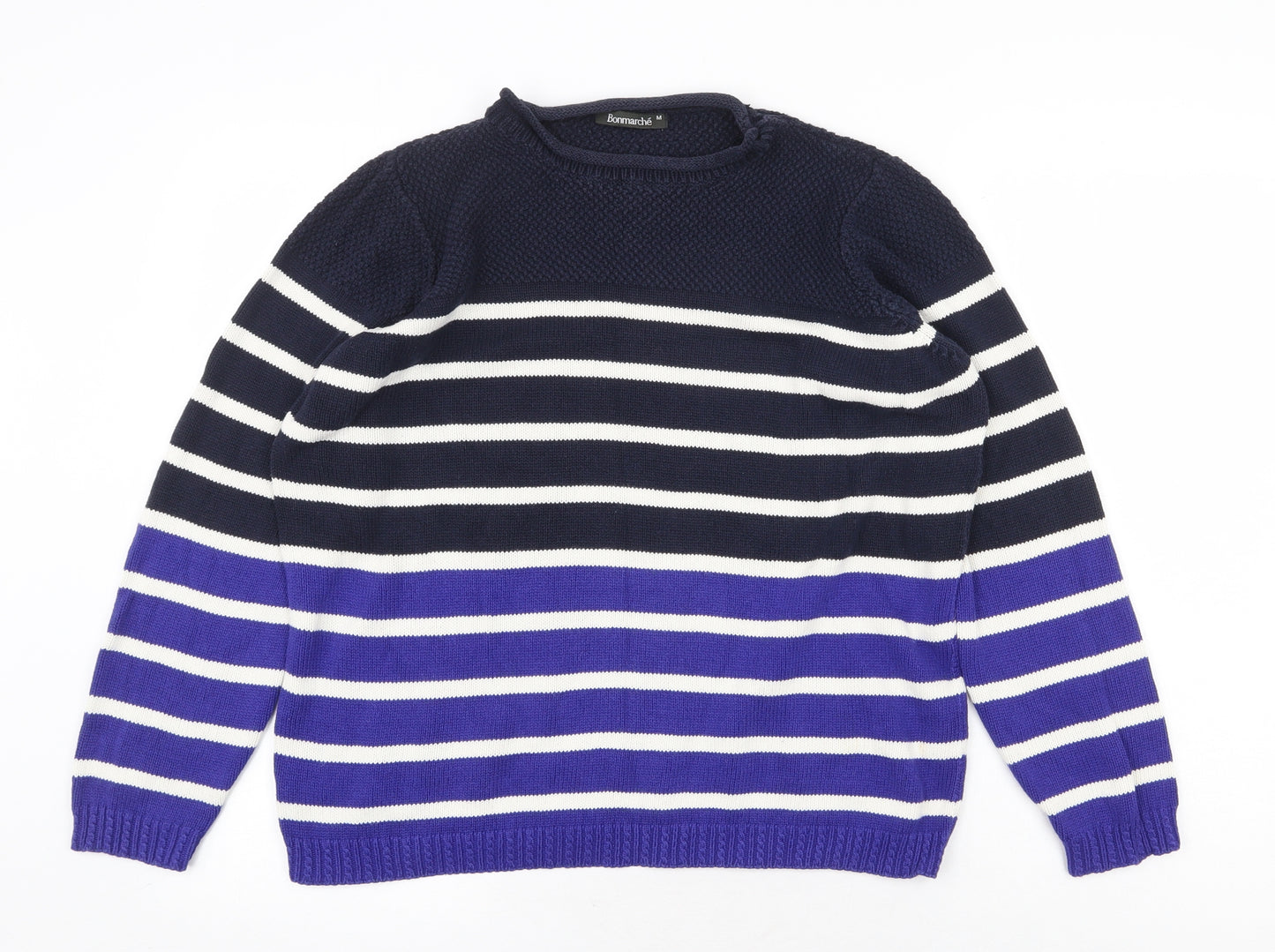 Bonmarché Womens Blue Round Neck Striped 100% Cotton Pullover Jumper Size M