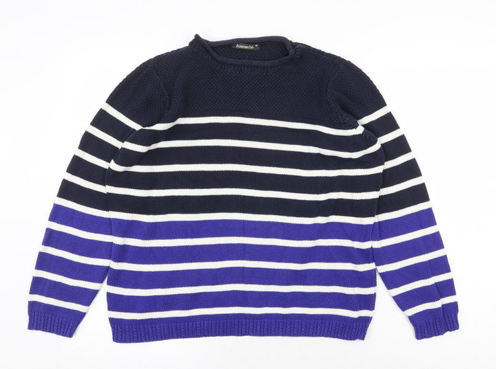 Bonmarché Womens Blue Round Neck Striped 100% Cotton Pullover Jumper Size M