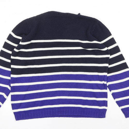 Bonmarché Womens Blue Round Neck Striped 100% Cotton Pullover Jumper Size M