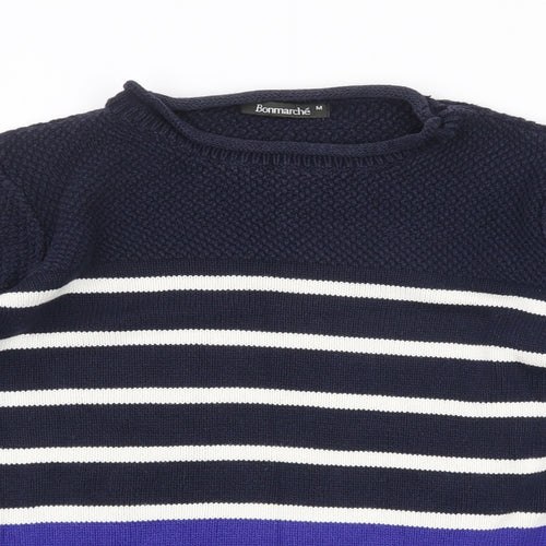 Bonmarché Womens Blue Round Neck Striped 100% Cotton Pullover Jumper Size M