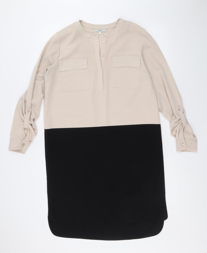 NEXT Womens Beige Colourblock Polyester A-Line Size 10 V-Neck Button