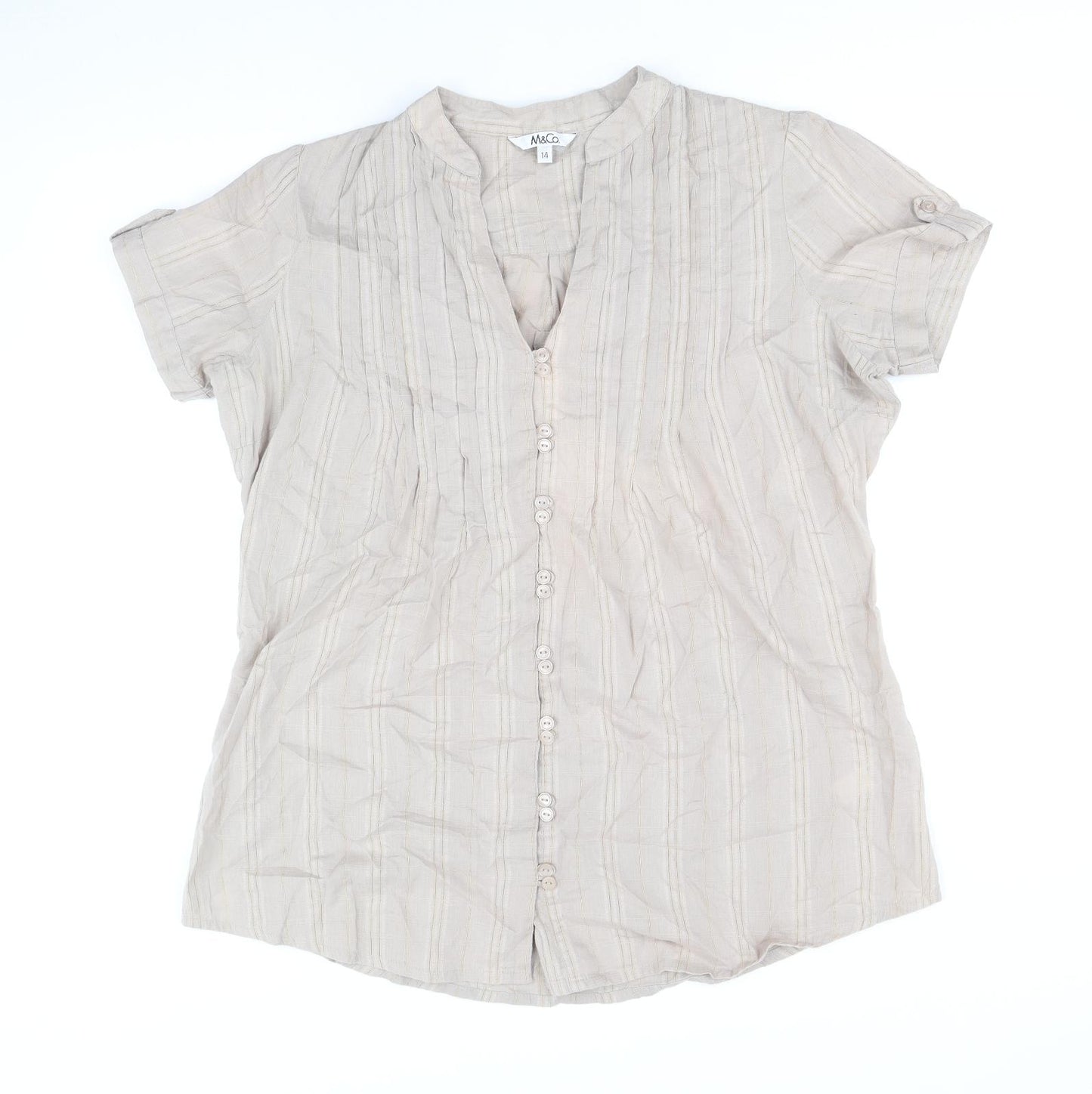 M&Co Womens Brown Geometric Cotton Basic Button-Up Size 14 V-Neck