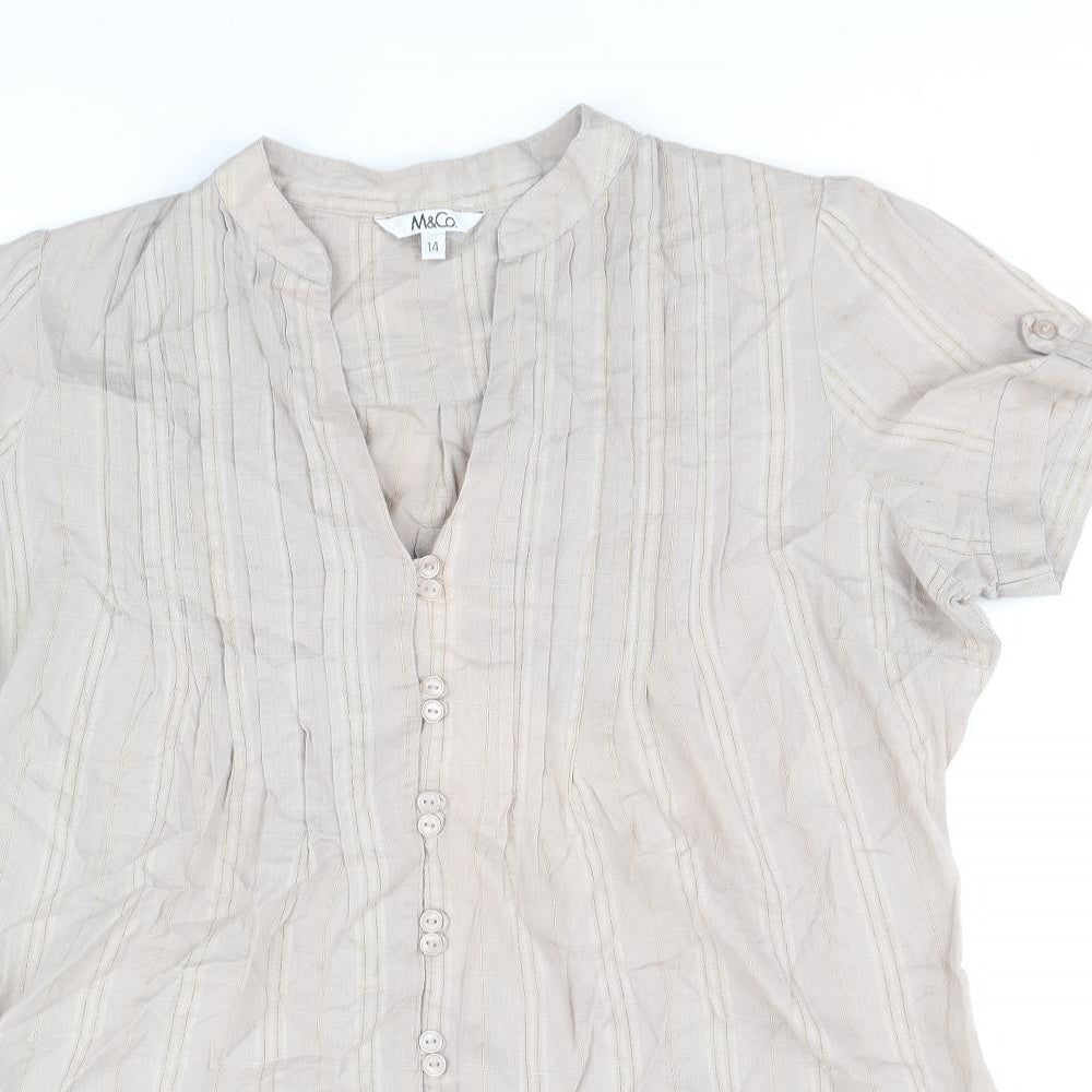 M&Co Womens Brown Geometric Cotton Basic Button-Up Size 14 V-Neck