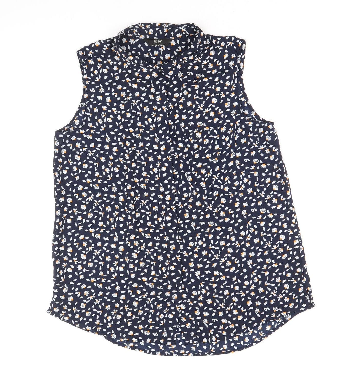 Max Womens Blue Geometric Polyester Basic Tank Size 10 V-Neck