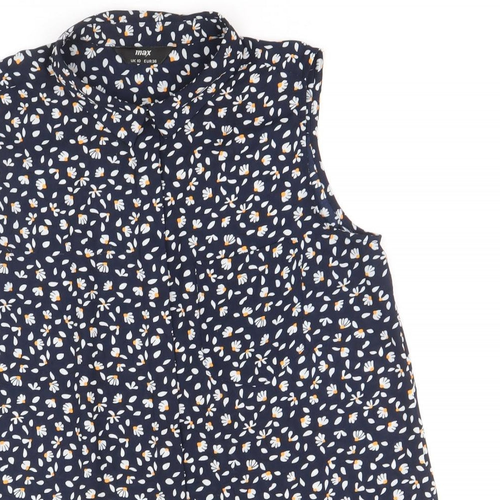 Max Womens Blue Geometric Polyester Basic Tank Size 10 V-Neck