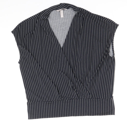 H&M Womens Blue Polka Dot Polyester Basic Blouse Size M V-Neck