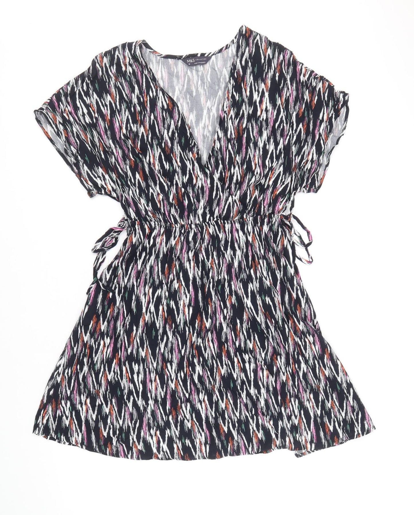 Marks and Spencer Womens Multicoloured Geometric Viscose A-Line Size 10 V-Neck Pullover - Side Tie Detail