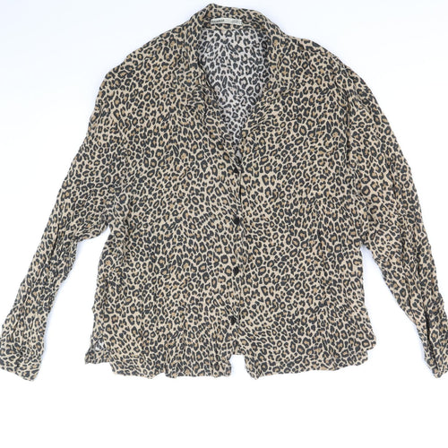Pull&Bear Womens Brown Animal Print Viscose Basic Button-Up Size L V-Neck - Leopard Print