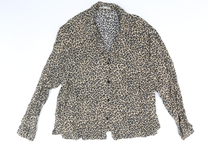 Pull&Bear Womens Brown Animal Print Viscose Basic Button-Up Size L V-Neck - Leopard Print