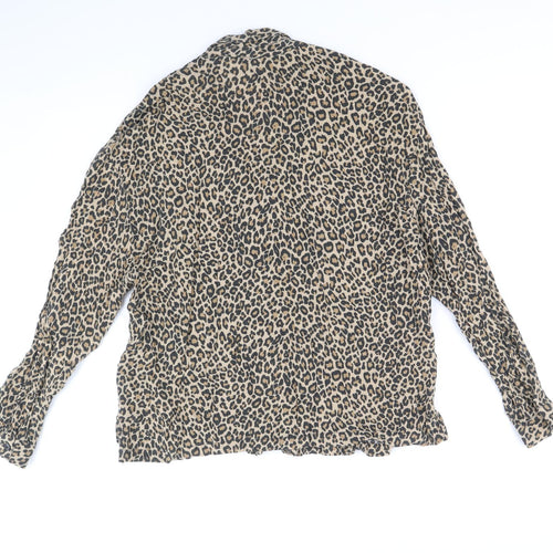 Pull&Bear Womens Brown Animal Print Viscose Basic Button-Up Size L V-Neck - Leopard Print