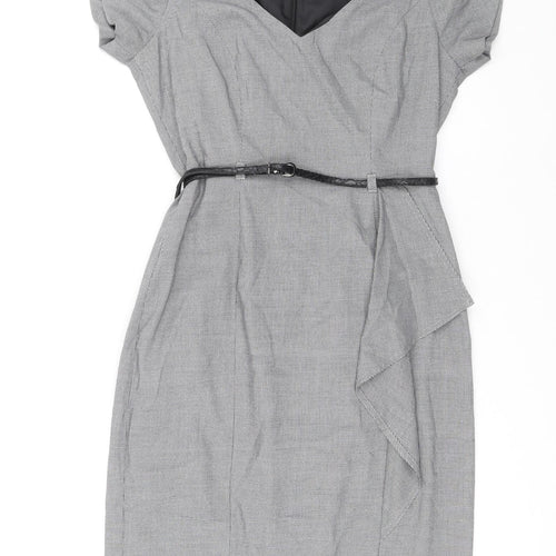 Marks and Spencer Womens Black Herringbone Polyester A-Line Size 10 V-Neck Zip - Removable belt