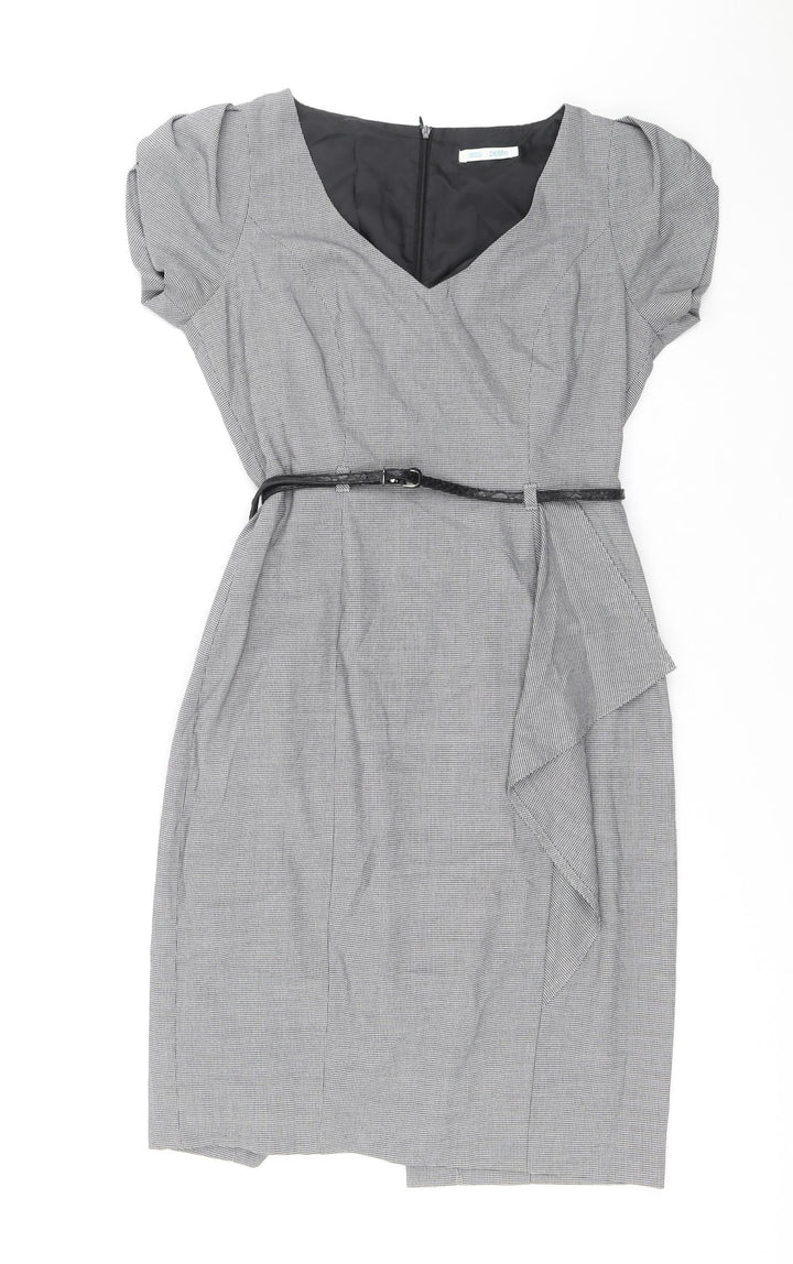 Marks and Spencer Womens Black Herringbone Polyester A-Line Size 10 V-Neck Zip - Removable belt