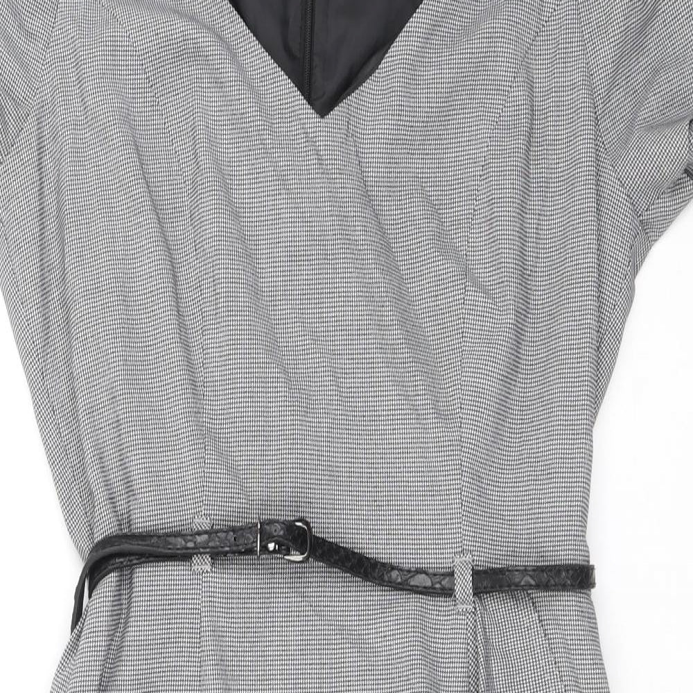 Marks and Spencer Womens Black Herringbone Polyester A-Line Size 10 V-Neck Zip - Removable belt