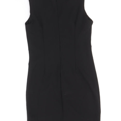 Preworn Womens Black Geometric Polyester A-Line Size 6 Round Neck Zip