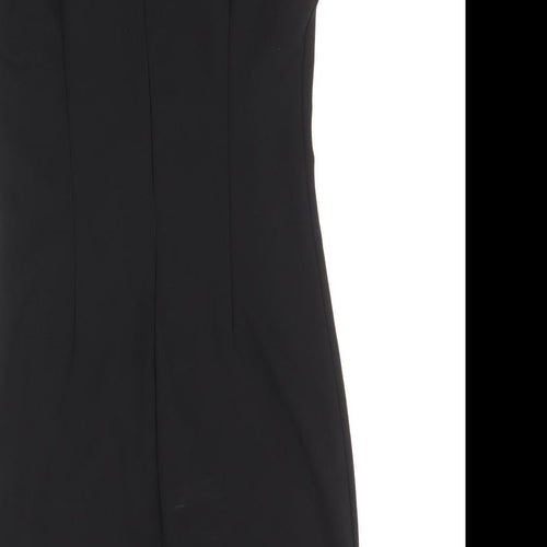 Preworn Womens Black Geometric Polyester A-Line Size 6 Round Neck Zip