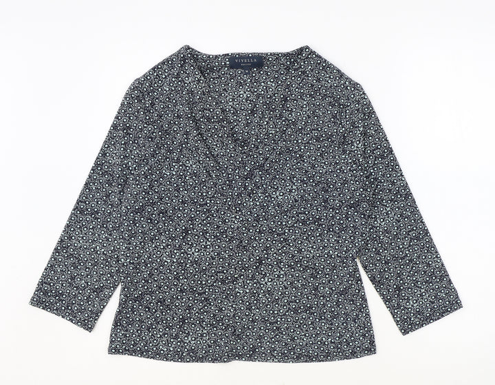 Viyella Womens Blue Floral Polyester Basic Blouse Size M V-Neck