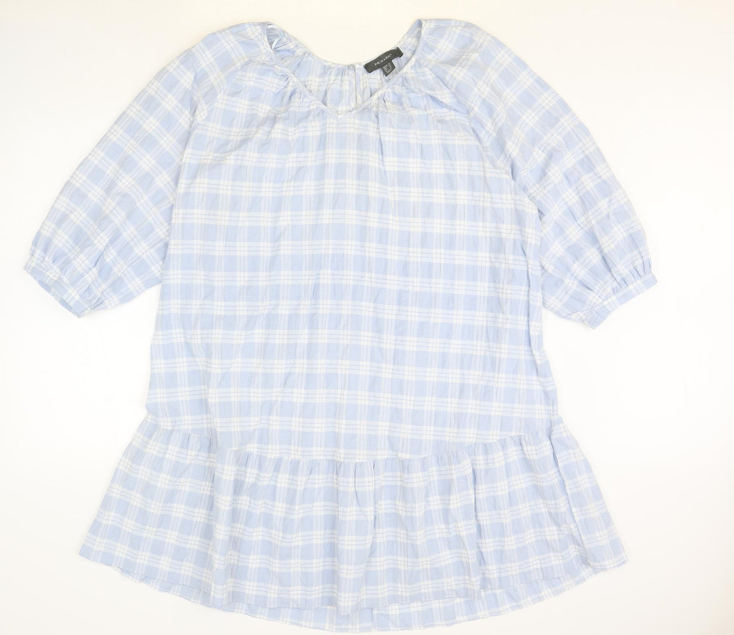 Primark Womens Blue Plaid Cotton A-Line Size 16 Scoop Neck Button