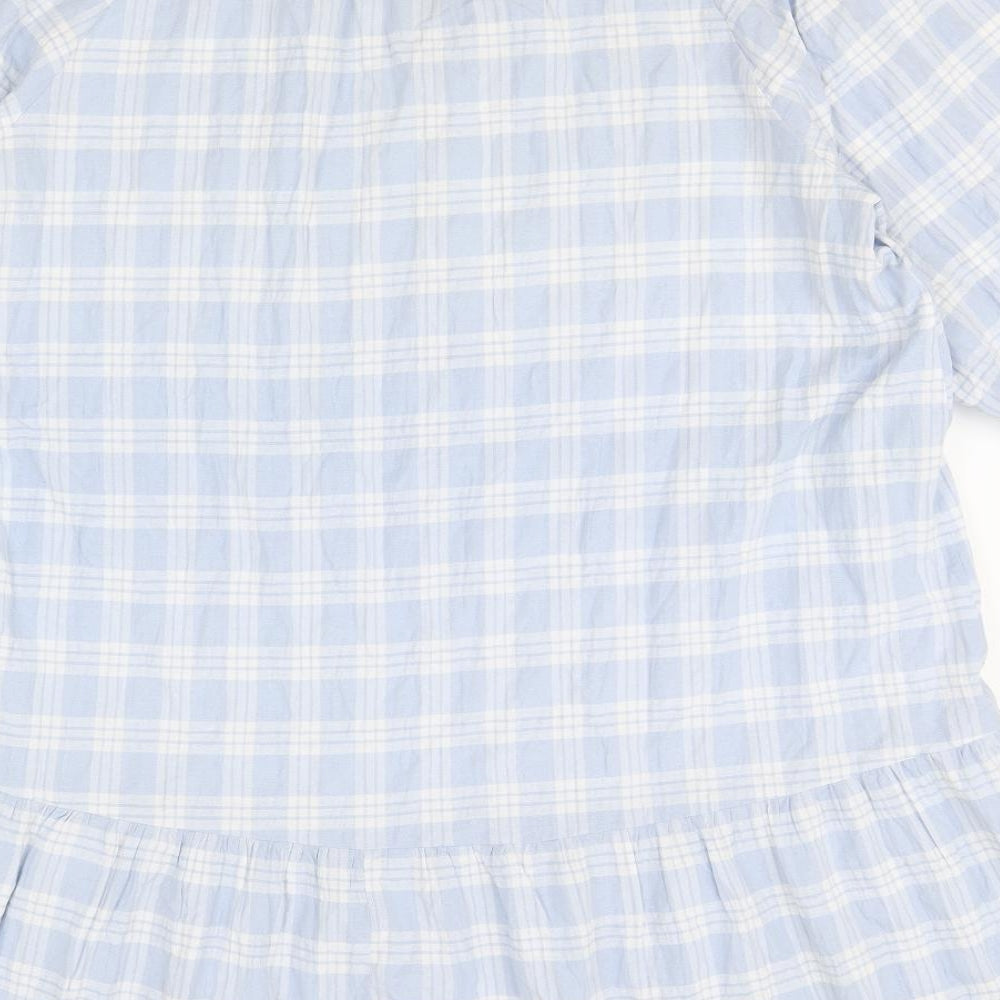 Primark Womens Blue Plaid Cotton A-Line Size 16 Scoop Neck Button