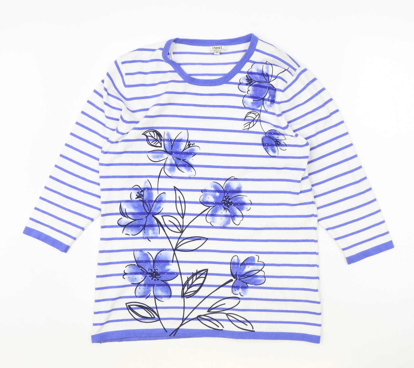 TEXT Womens Blue Round Neck Striped Viscose Pullover Jumper Size L - Flower Detail