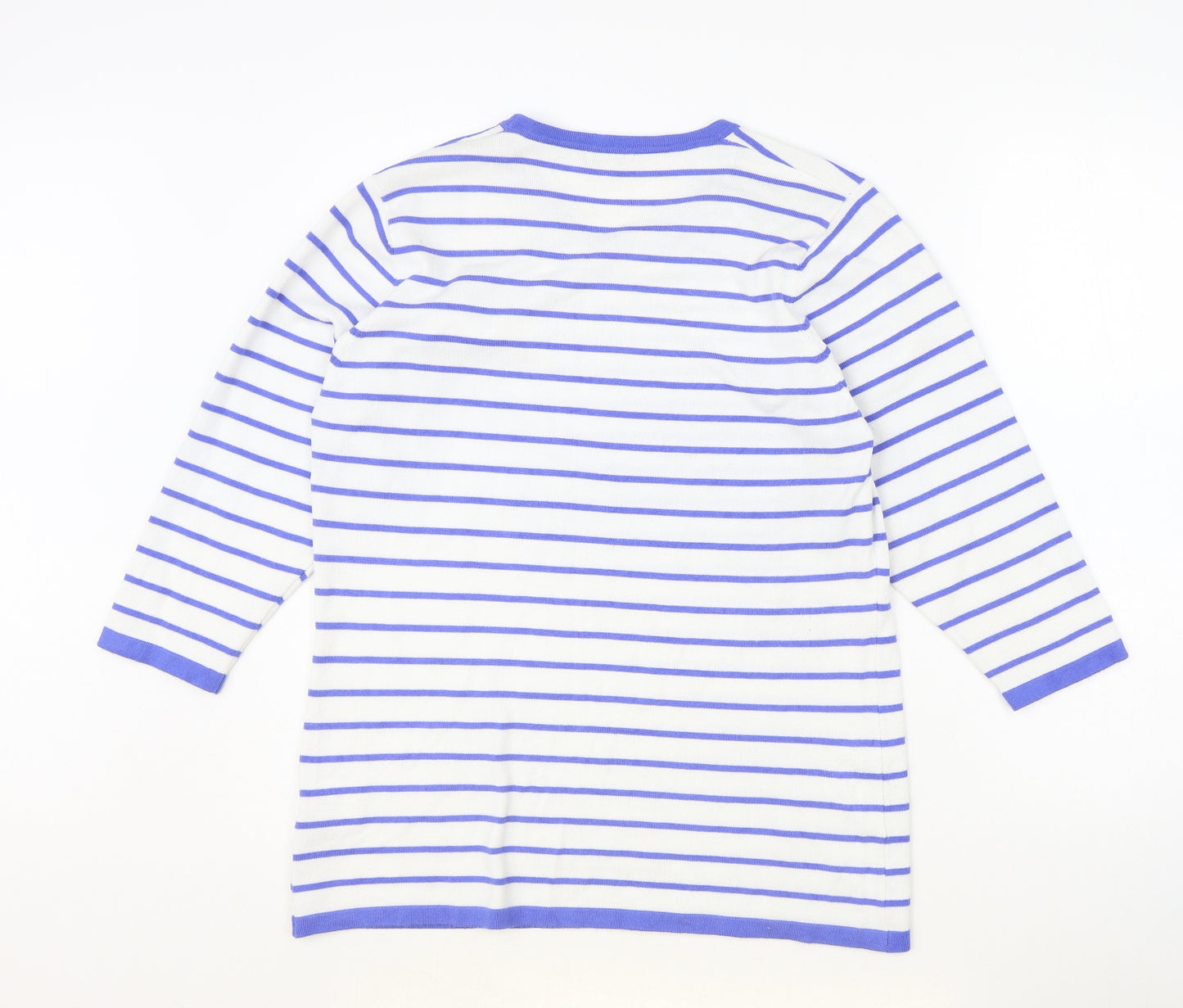 TEXT Womens Blue Round Neck Striped Viscose Pullover Jumper Size L - Flower Detail