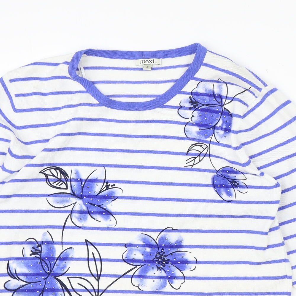TEXT Womens Blue Round Neck Striped Viscose Pullover Jumper Size L - Flower Detail